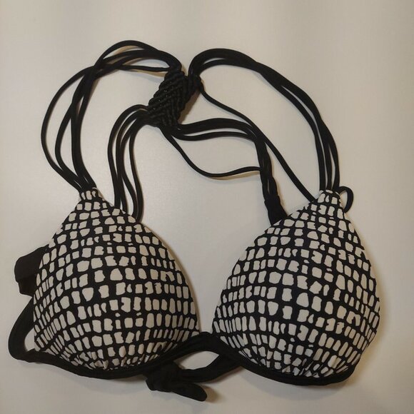 Hula Honey String Bikini Top womens S macramé racer back Black White sexy foam - Picture 1 of 6